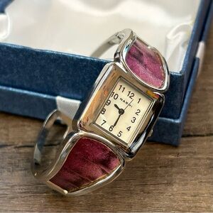 Narmi Stainless Steel Cuff Watch With Purple Leather Mother of Pearl Crystal